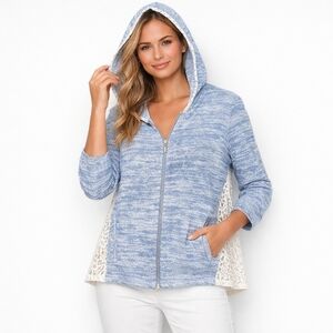 Chico’s Zenergy Zip Hoodie cardigan Size 1 Medium Lace Side Detail Metallic Knit